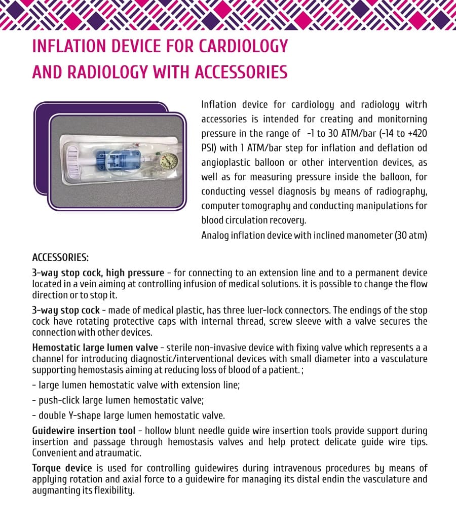 Inflation device for cardiology and radiology with accessories